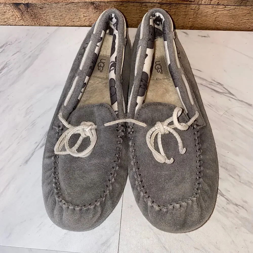 Ugg Grey Leather Ryder Slippers Elephant Jungle Liner Size 5